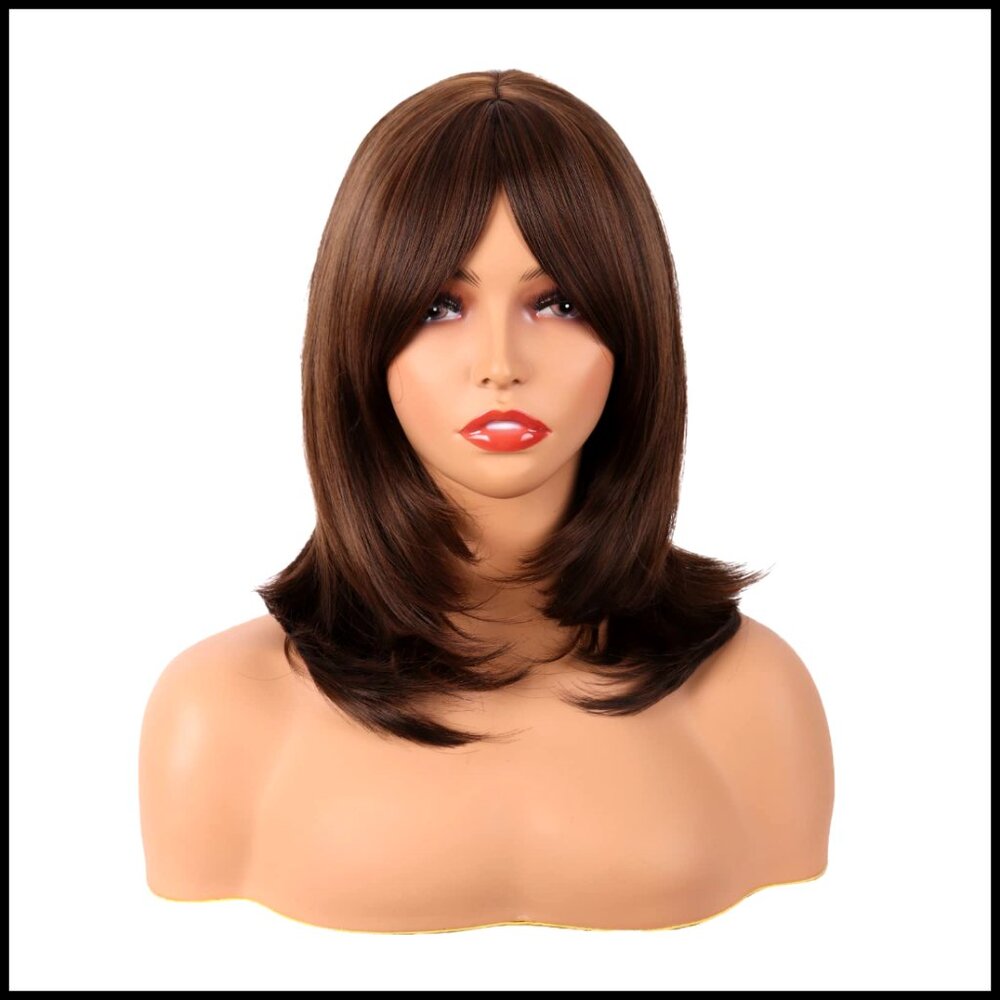 Straight Synthetic Wig Shoulder Length Layered Bangs Heat Resistant Daily Wear